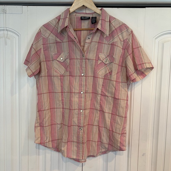 Wrangler Pink And White Plaid Pearl Snap Short Sleeve Button‎ Down Size XL - Picture 1 of 6